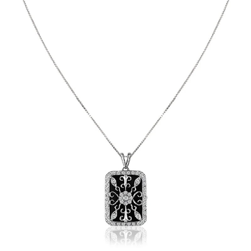 silver charm necklace for women-14K White gold locket necklace with black onyx and diamonds