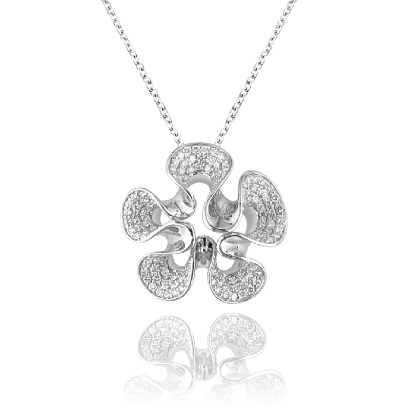 vintage engraved silver necklace-14K White gold flower necklace with diamonds