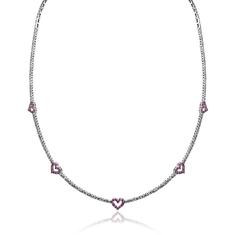 vintage crystal necklace for women-18K White gold hearts necklace with diamonds and pink sapphires