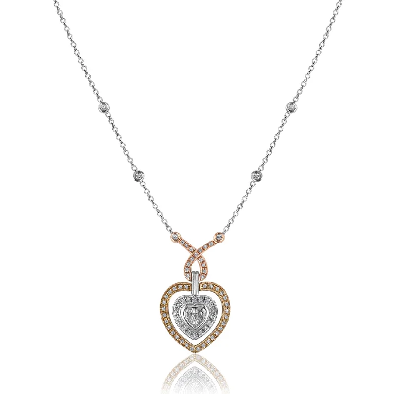 silver crescent moon necklace-18K Tricolor heart necklace with diamonds