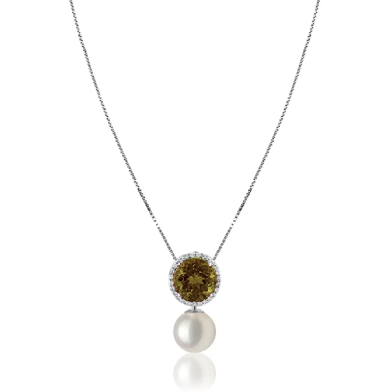 sapphire pendant necklace for women-18K White gold necklace with diamonds and olive center tourmaline