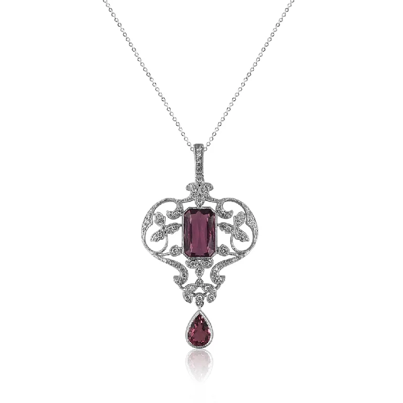 silver infinity charm necklace-18K White gold necklace with diamonds and pink tourmaline