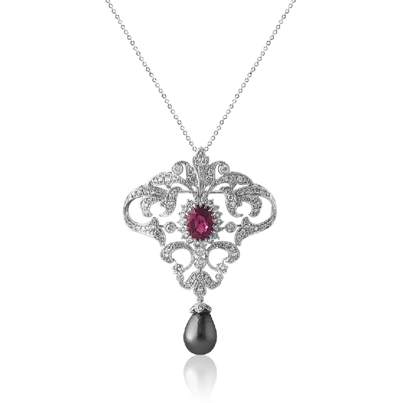 custom jewelry necklace for women-18K White gold necklace with diamonds tourmaline and pearl