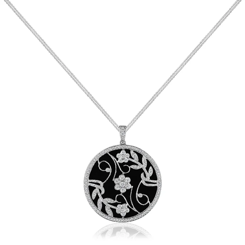 personalized engraving necklace for men-18K White gold onyx medallion with diamonds