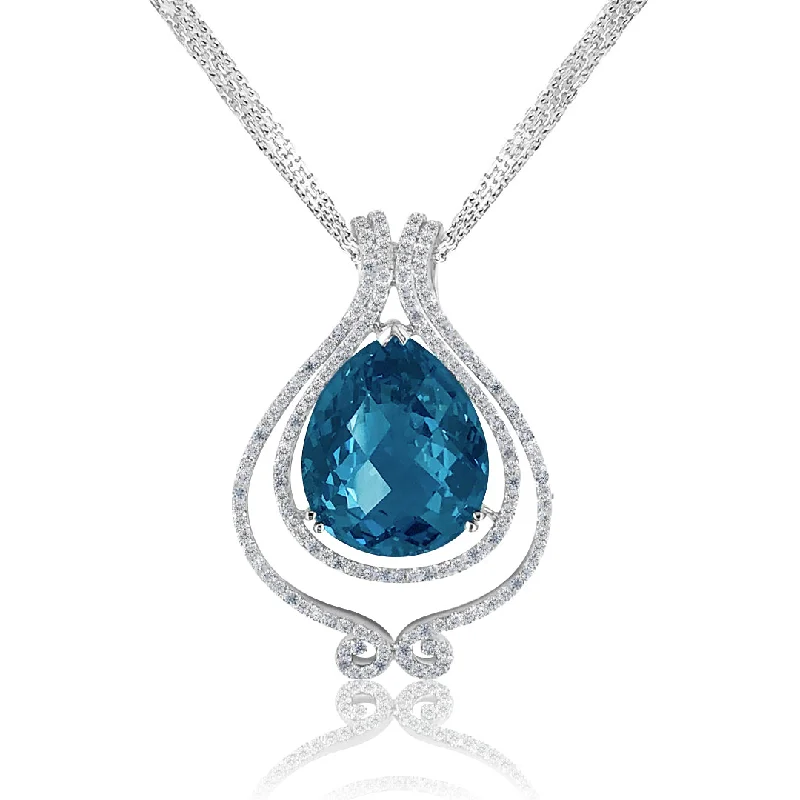 vintage charm necklace for brides-18K White gold necklace with london blue topaz and diamonds.