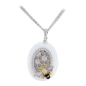 heart-shaped pendant necklace for gifts-18K Two Tone Honeycomb Diamond Necklace With Black And White Agate