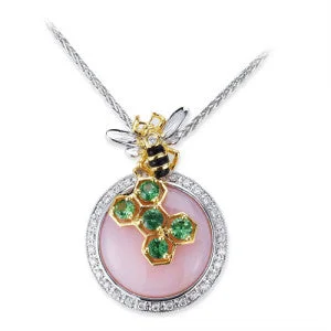 personalized nameplate necklace-18K Two Tone Bee Diamond Necklace With Tsavorite Rose Quartz And Black Agate