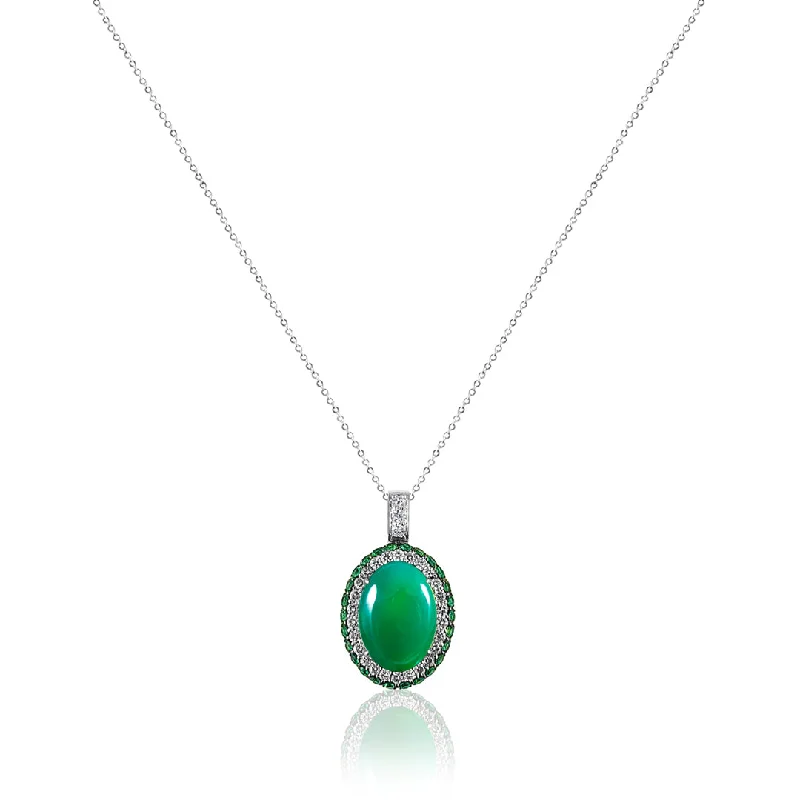 long boho necklace for women-18K White gold necklace with diamonds tsavorite and center phrenite