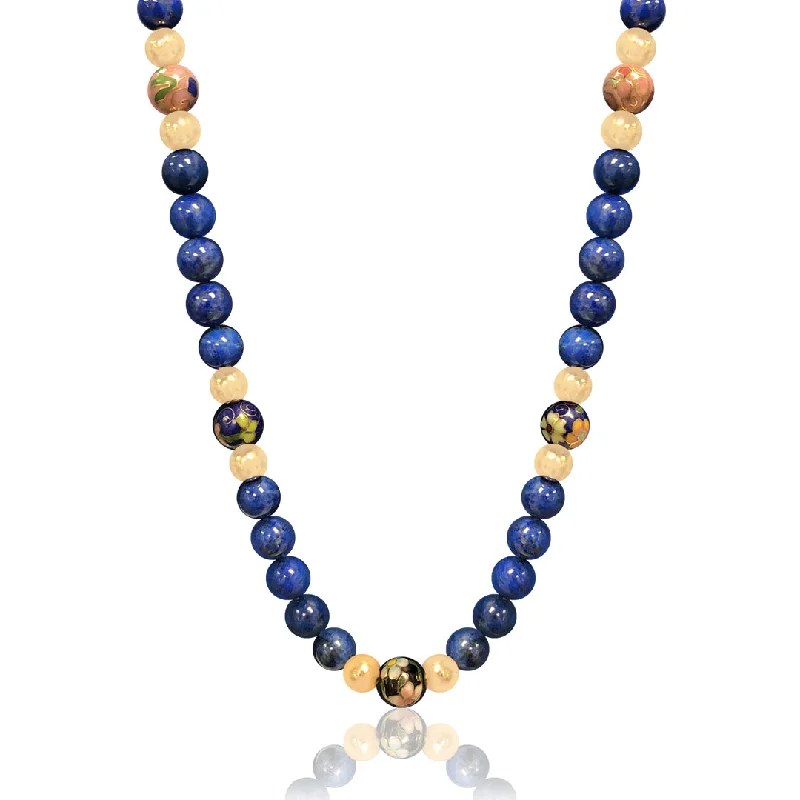 cross pendant necklace for boys-14K Yellow gold beaded necklace with blue lapiz