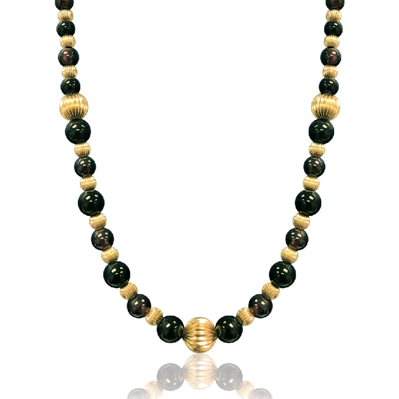 geometric silver necklace for women-14K Yellow gold beaded necklace with onyx and garnet