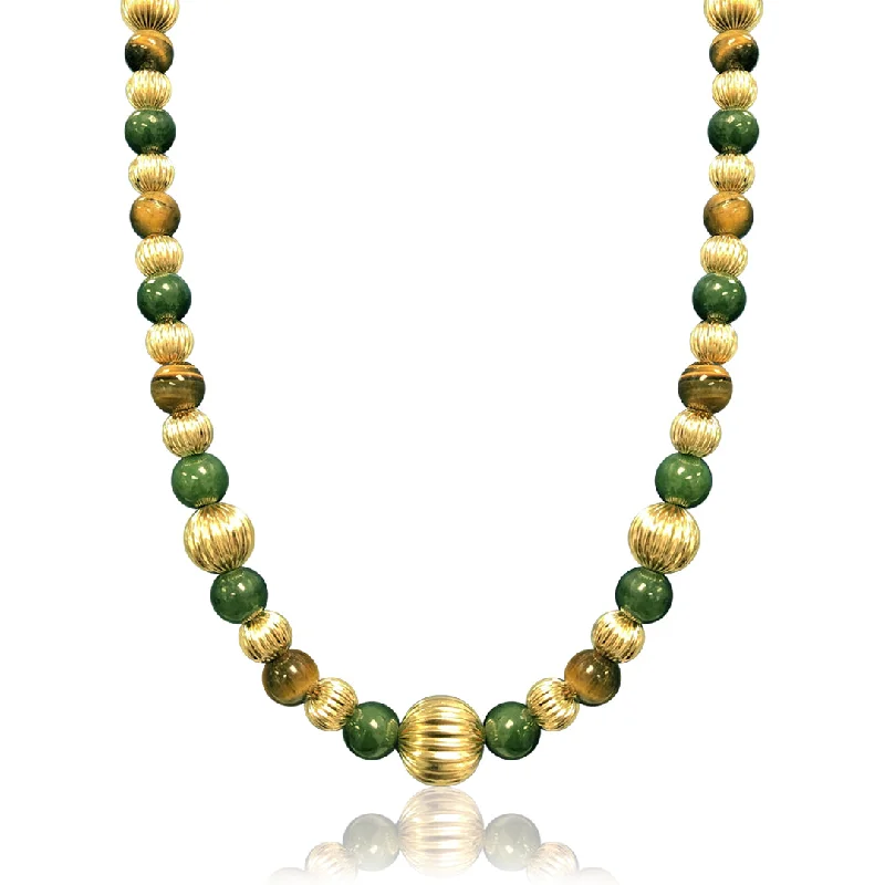 simple gold pendant necklace for layering-14K Yellow gold beaded necklace with jade and tiger eye