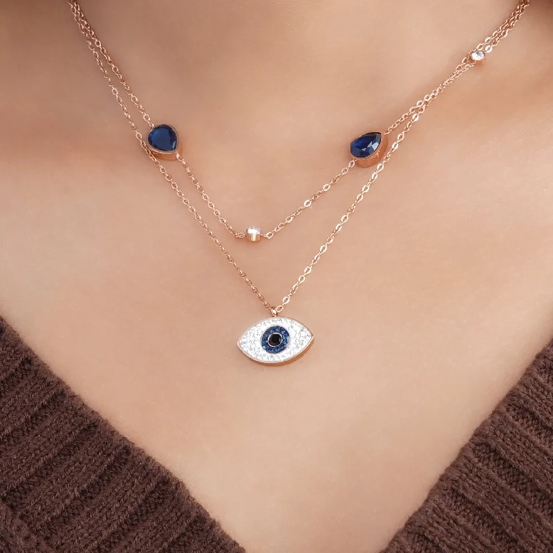 trendy choker necklace for teens-Layered Evil Eye Rosegold Plated Necklace