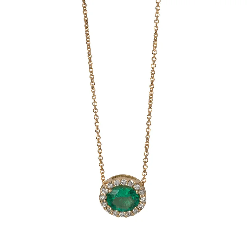 geometric silver necklace for women-Oval Emerald & Diamond Pavé Halo 18K Gold Necklace