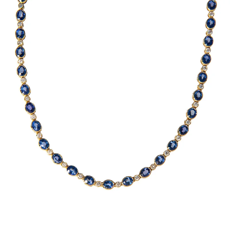 retro gold necklace for women-Oval Sapphire & Diamond Bezel 14K Gold Tennis Necklace