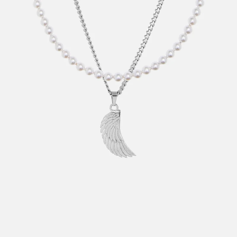 gemstone pendant necklace for layering-Pearl Wing Set - WHITE GOLD