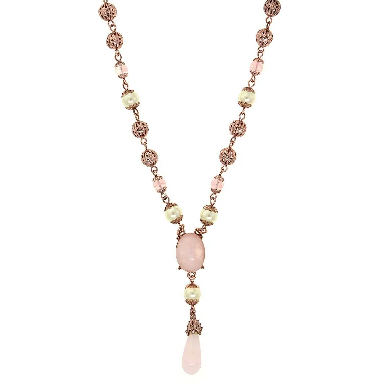 chunky gold chain necklace for women-1928 Jewelry Rose Gold Faux Pearl Rose Quartz Y Necklace 16" + 3" Extender