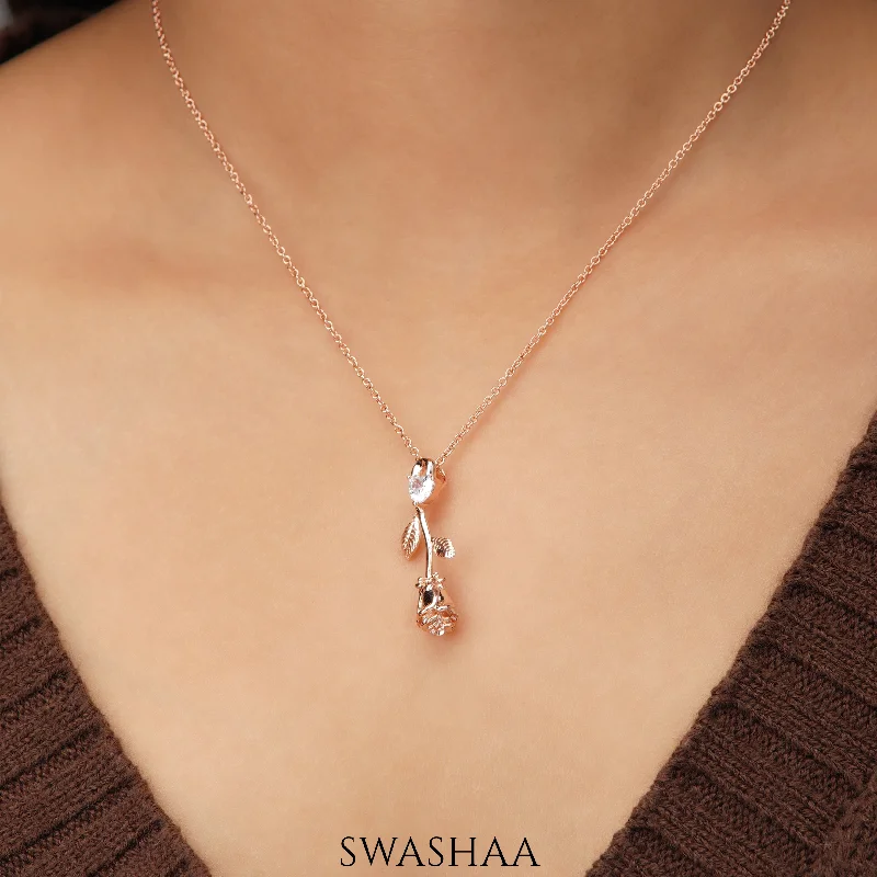 engraved name necklace for couples-Solitaire Rose Rosegold Plated Necklace