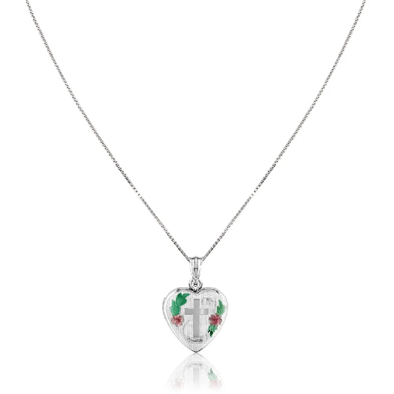 birthstone necklace with charm for moms-Sterling silver cross locket necklace with enamel