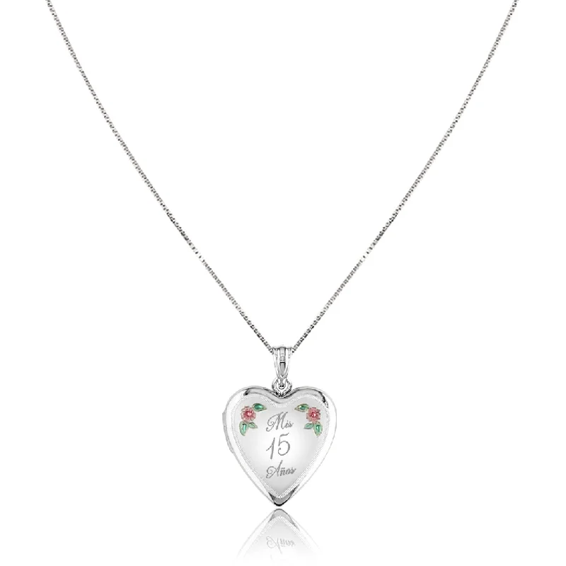 custom birthstone necklace for men-Sterling silver quinceanera heart locket with enamel