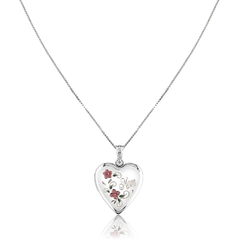 heart-shaped pendant necklace for women-Sterling silver "mom" heart locket necklace with enamel