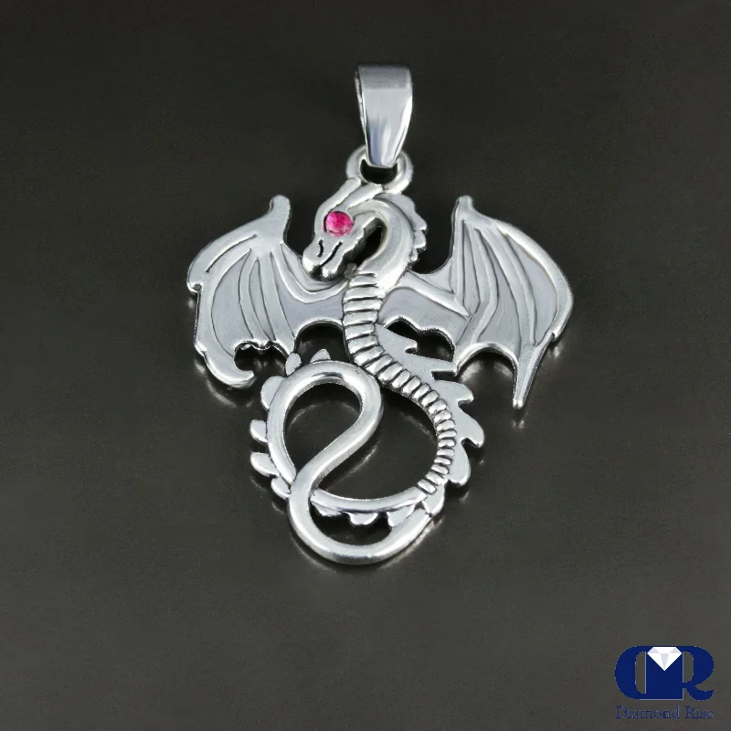 personalized couples necklace-Women's Solid 14K White Gold Ruby Dragon Pendant