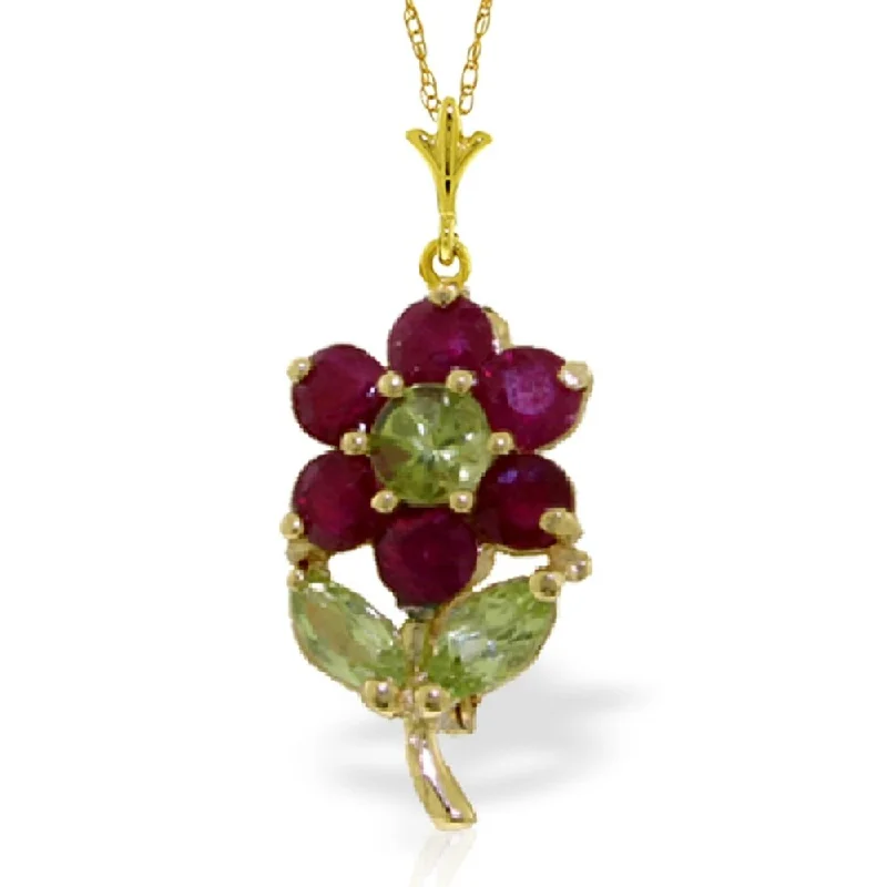 gemstone drop necklace for women-1.06 Carat 14K Gold Flower Necklace Ruby Peridot