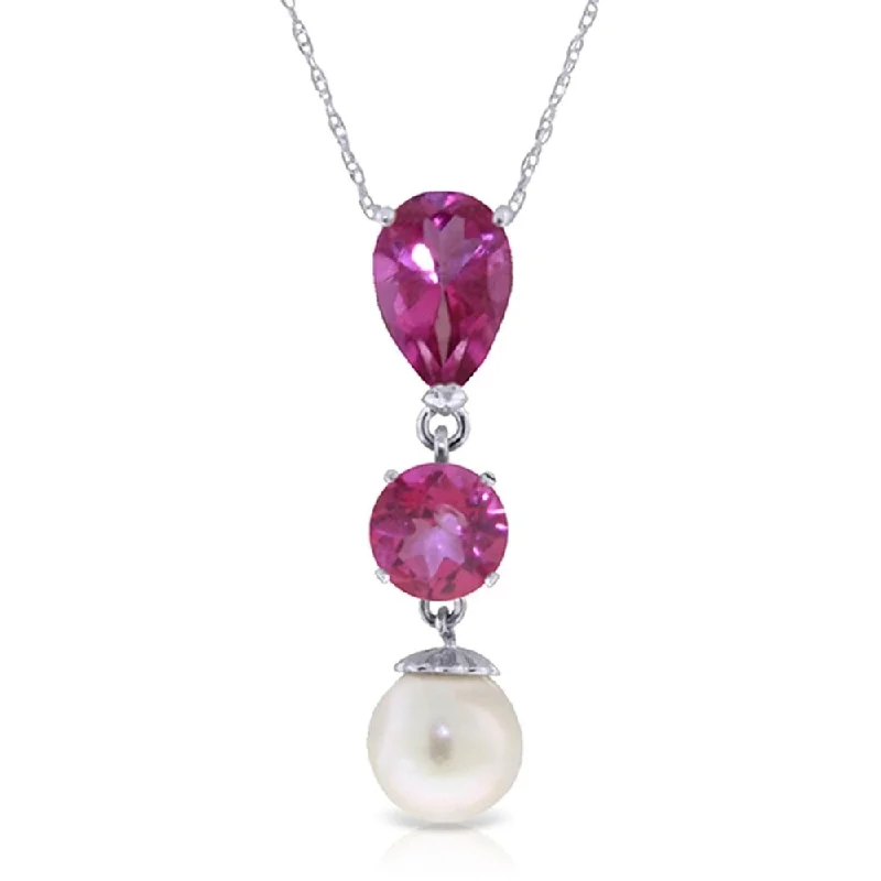 geometric pendant necklace for men-5.25 Carat 14K White Gold Necklace Pink Topaz Pearl