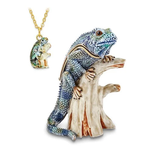 cross pendant necklace for boys-Bejeweled Iguana On Branch Trinket Box