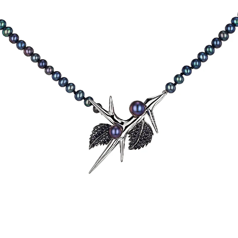 tribal pendant necklace for men-Blackthorn Pearl Necklace - Silver, Black Spinel & Black Pearl