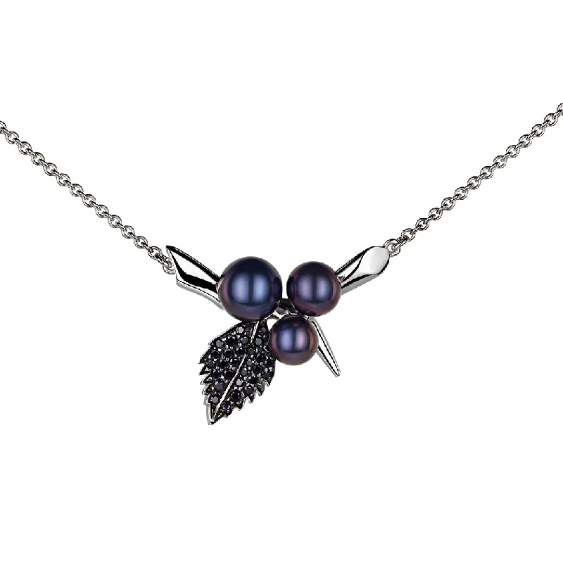 sterling silver star necklace-Blackthorn Triple Pearl Leaf Pendant - Silver, Black Spinel & Black Pearl