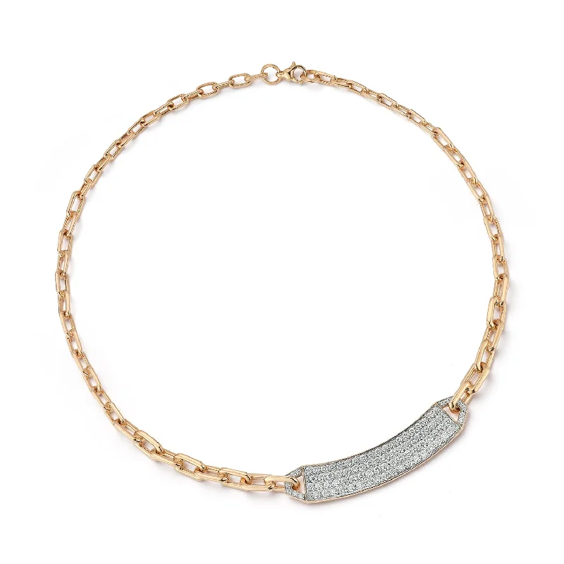 elegant crystal necklace for brides-CARRINGTON 18K GOLD AND ALL DIAMOND OFF CENTERED ID BAR NECKLACE