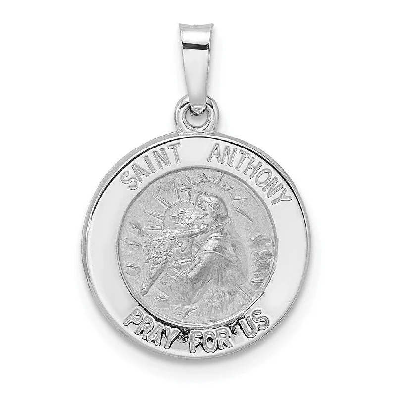 custom birthstone necklace for couples-Diamond2Deal 14K White Gold and Satin Hollow St Anthony Medal Pendant (L-21.6mm, W-14.9mm)