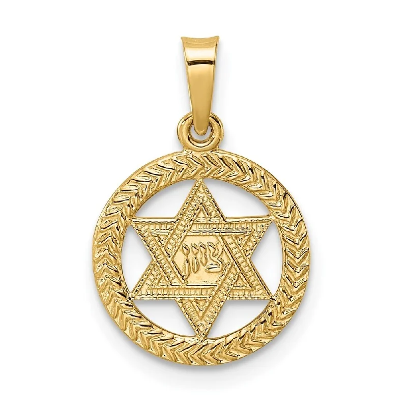 engraved bar necklace for men-Diamond2Deal 14K Yellow Gold and Textured Solid Star of David in Frame Pendant (L-19.15mm, W-12.85mm)