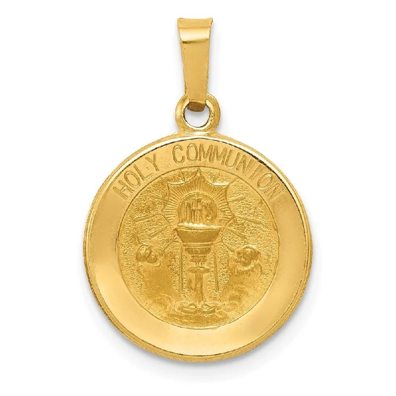 vintage gold pendant necklace-Diamond2Deal 14K Yellow Gold Polished and Satin Holy Communion Medal Pendant (L- 17 mm, W- 15 mm)