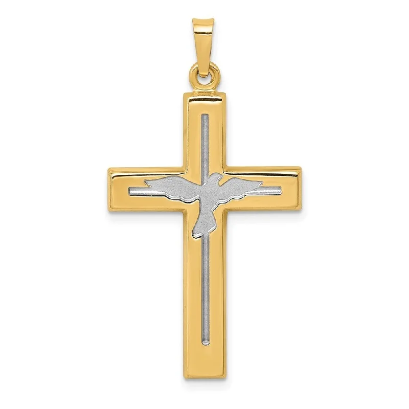 custom bar necklace for gifts-Diamond2Deal 14K Yellow Gold Rhodium Plated Satin Cross Dove Pendant (L- 37.19 mm, W- 20.11 mm)