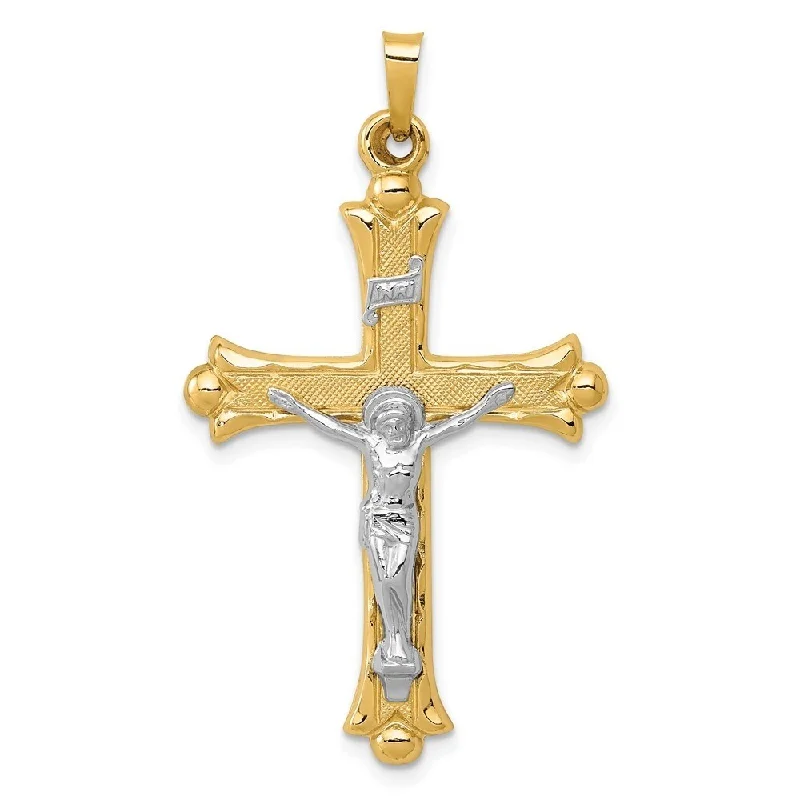 heart-shaped pendant necklace for women-Diamond2Deal 14K Yellow Gold Two-Tone Textured and Polished INRI Crucifix Pendant (L- 40 mm, W- 23.5 mm)