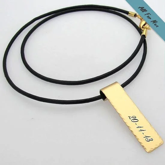 engraved silver necklace for men-Gold ID Mens Necklace - Personalized Leather Choker for Men