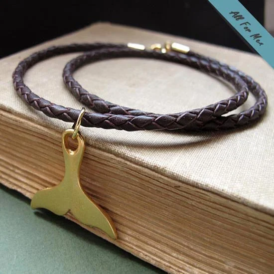 boho style pendant necklace-Gold Whale Tail Necklace for Men - Braided Brown Leather Cord