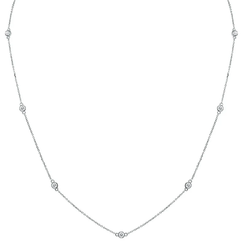 retro-inspired necklace for women-Marquee 1 1/2 Carat TW Bezel Set Diamond Station Necklace in 14K White Gold