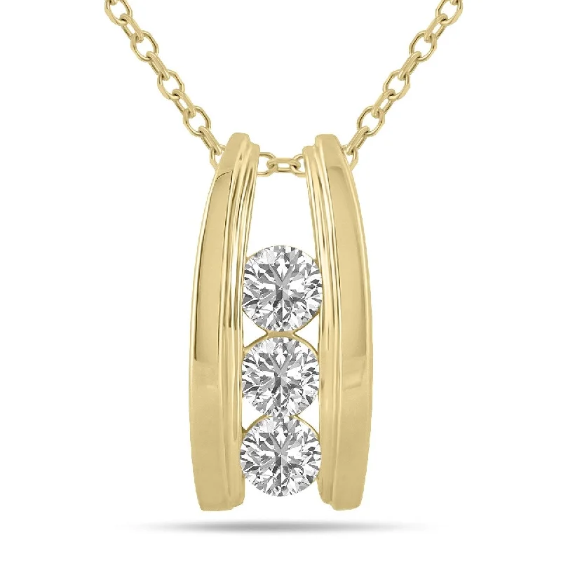 three-layered necklace for women-Marquee 1 CTW Three Stone Lab Grown Diamond Ladder Pendant in 10K Yellow Gold