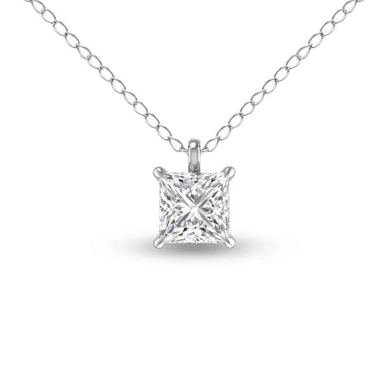 engraved gold pendant necklace-Marquee Lab Grown 1/2 Carat Princess Cut Solitaire Diamond Pendant in 14K White Gold