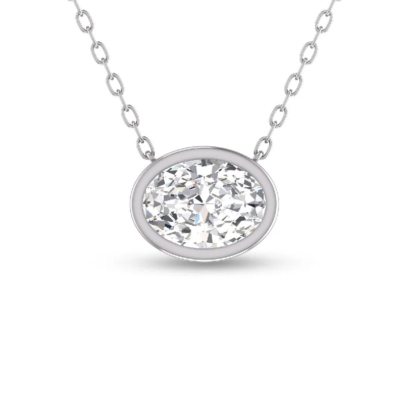 bohemian crystal pendant necklace-Marquee Lab Grown 1 Carat Oval Bezel Set Diamond Solitaire Pendant in 14K White Gold