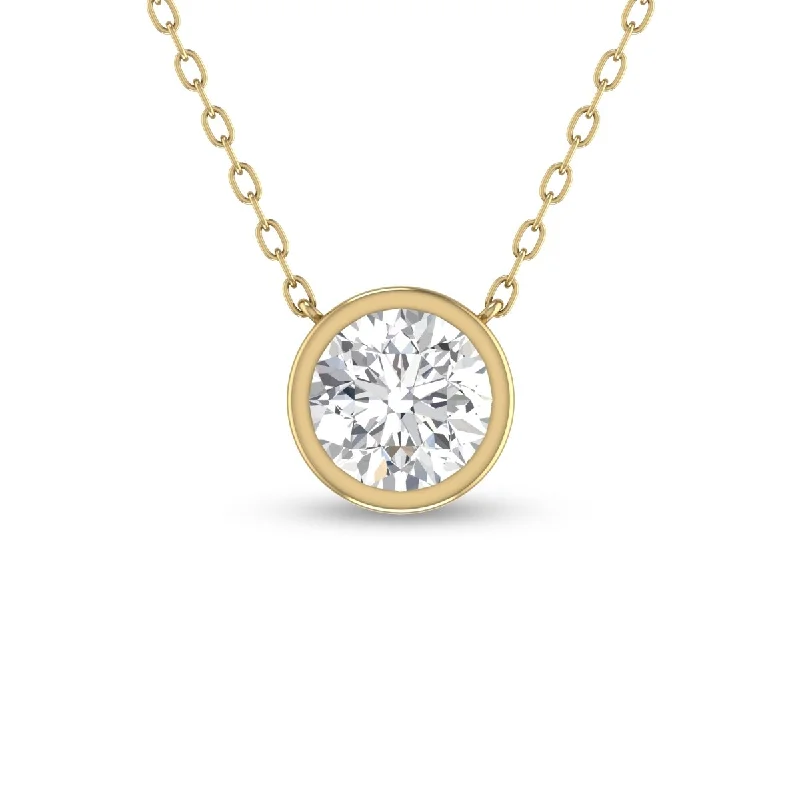 custom infinity necklace-Marquee Lab Grown 1 Carat Round Bezel Set Diamond Solitaire Pendant in 14K Yellow Gold