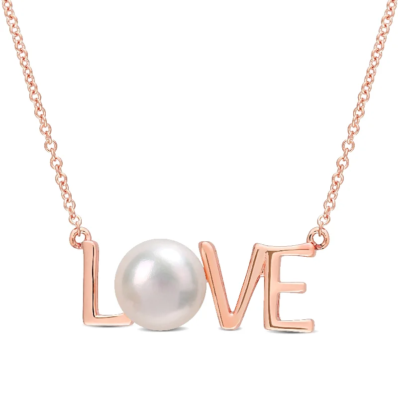 silver crescent moon necklace-Miadora 10k Rose Gold Cultured Freshwater Pearl "LOVE" Station Necklace (7-7.5mm)