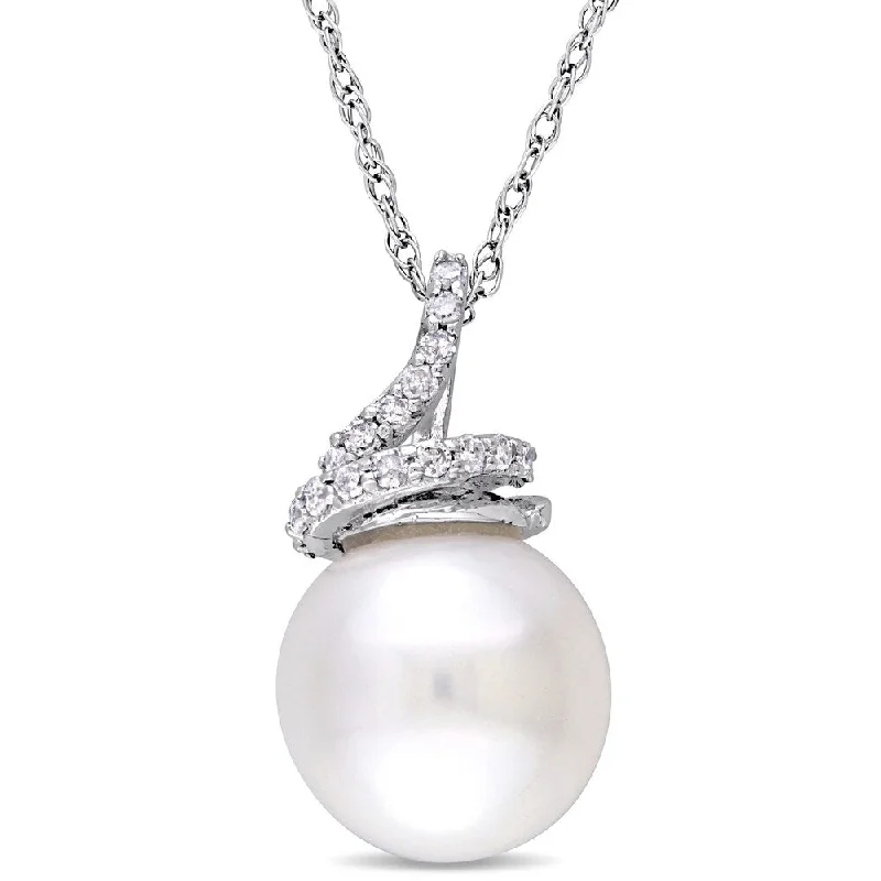 personalized couples necklace-Miadora 10k White Gold CFW Pearl 1/10ct TDW Diamond Swirl Necklace (9-10mm)