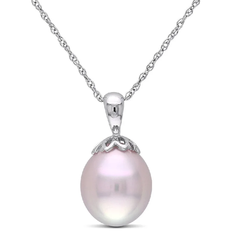 long chain necklace for layering-Miadora 10k White Gold Cultured Freshwater Rose Pearl Drop Necklace (9-9.5mm) - Pink