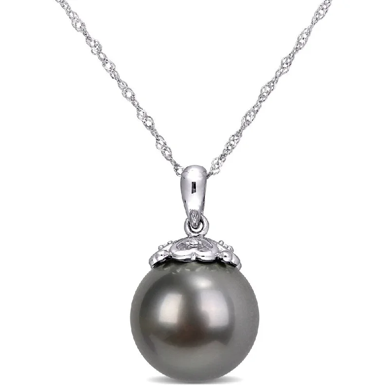 personalized couples necklace-Miadora 10k White Gold Tahitian Cultured Pearl and Diamond Drop Necklace (11-12 MM)