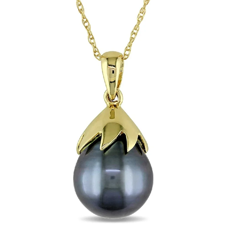 three-layered necklace for women-Miadora 10k Yellow Gold Tahitian Black Pearl Necklace (9.5-10 mm)