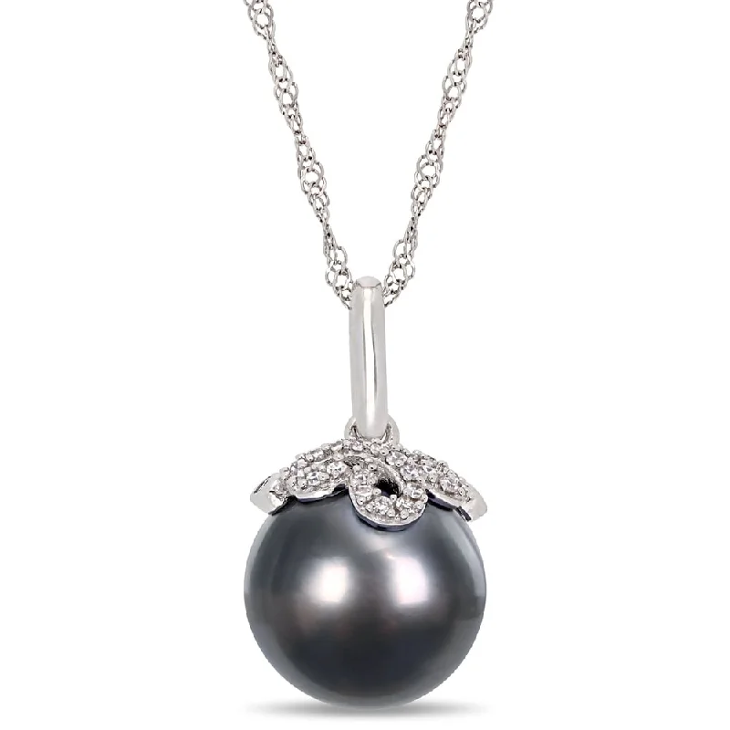 birthstone necklace with charm for moms-Miadora 14k White Gold Black Tahitian Cultured Pearl Diamond Drop Necklace (10-11mm)