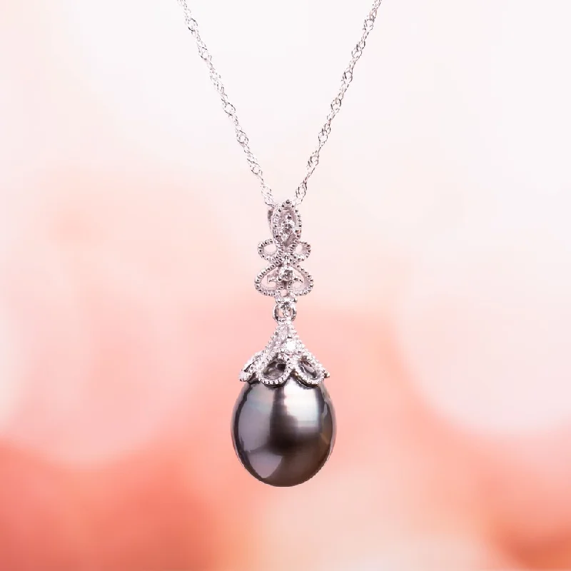 chain link necklace for men-Miadora 14k White Gold Black Tahitian Pearl and Diamond Accent Filigree Drop Necklace (9-9.5 mm)